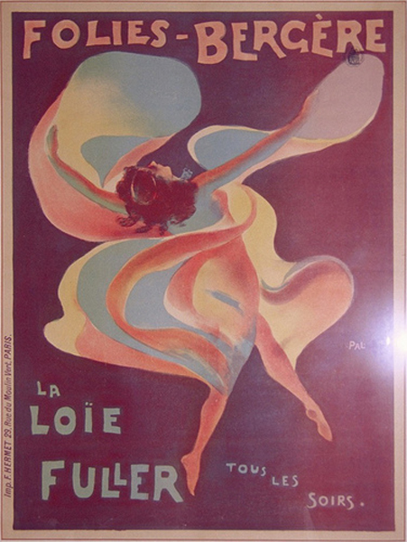 A hand drawn promotional poster depicts Loie Fuller in her billowing costume, tipping her head back and moving one of her pointed feet forward. 