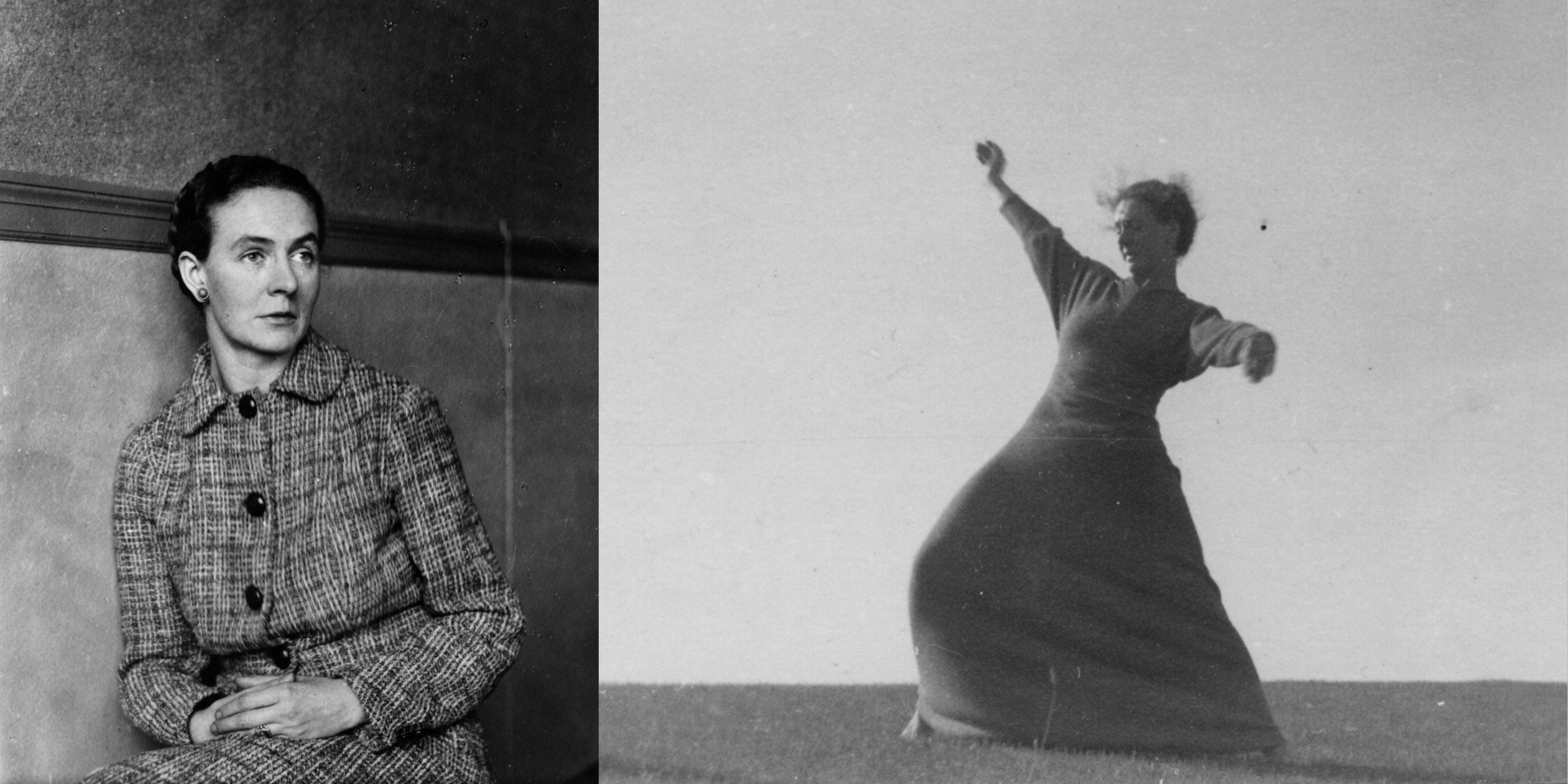 Black and white images of Bessie Schönberg. On the left is a headshot and on the right is an image of her dancing.