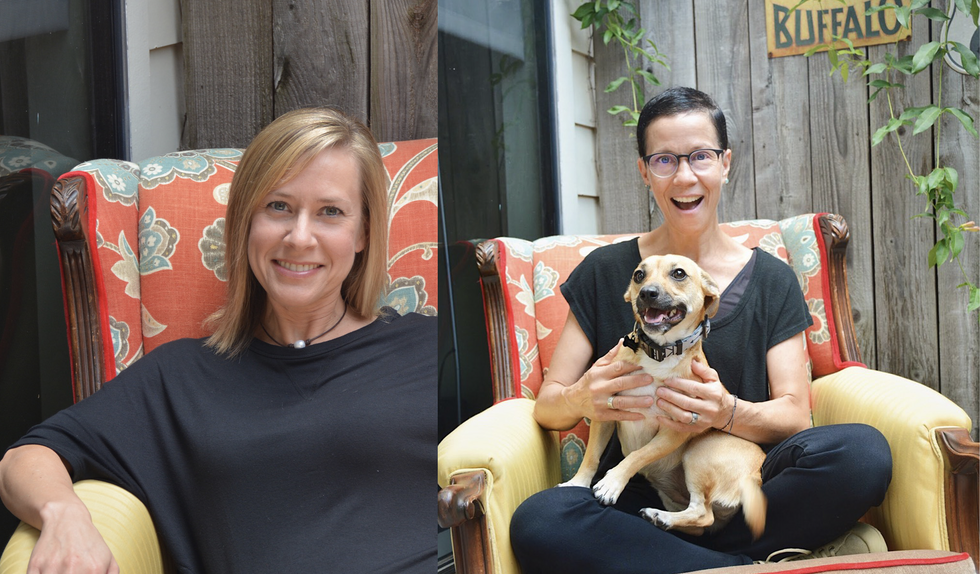 One photo of Amy Pearl sitting in an upholstered chair next to one of Jane Weiner and a dog in the same chair.