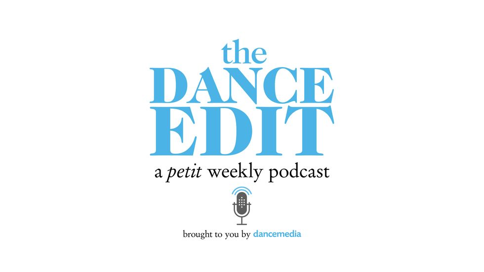 The Dance Edit podcast logo, which says "The Dance Edit, a petit weekly podcast, brought to you by dancemedia," and a small microphone logo. Text is blue and black.