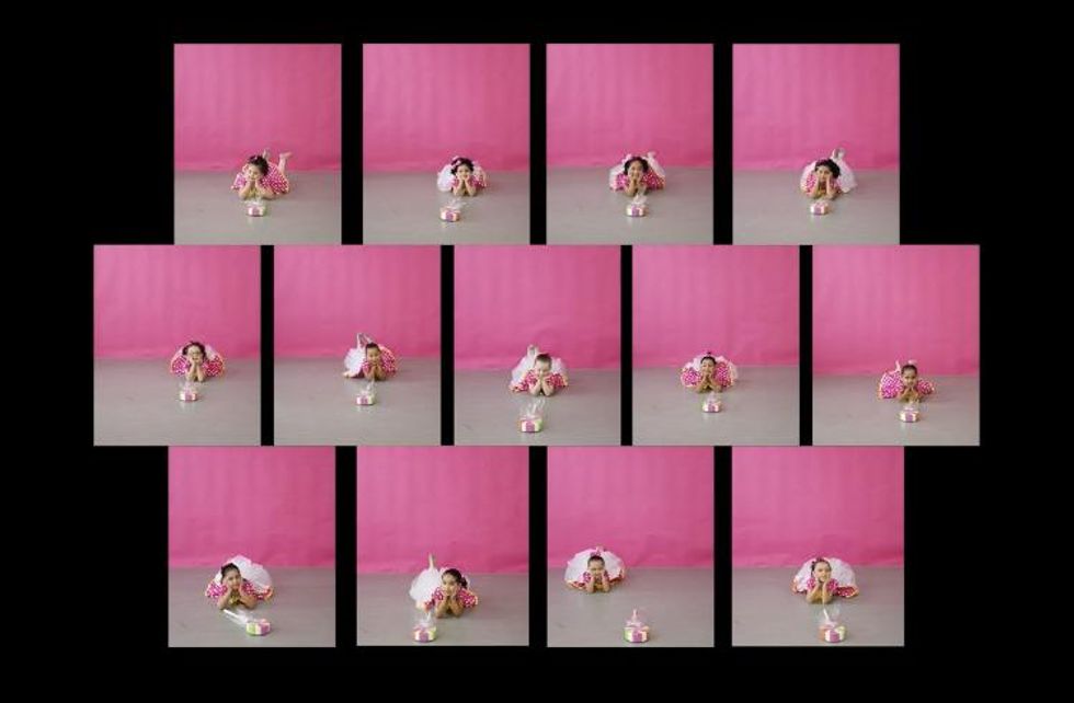 13 images, Brandy Bunch-style, of young students against a pink background striking the same poseu2014lying on their stomachs with their chins in the hands
