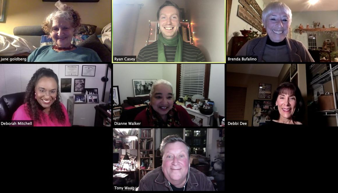 A screenshot of a Zoom conversation, with Jane Goldberg, Ryan Casey, Brenda Bufalino, Deborah Mitchell, Dianne Walker, Debbi Dee and Tony Waag all smiling in their Zoom boxes, sitting in their homes.