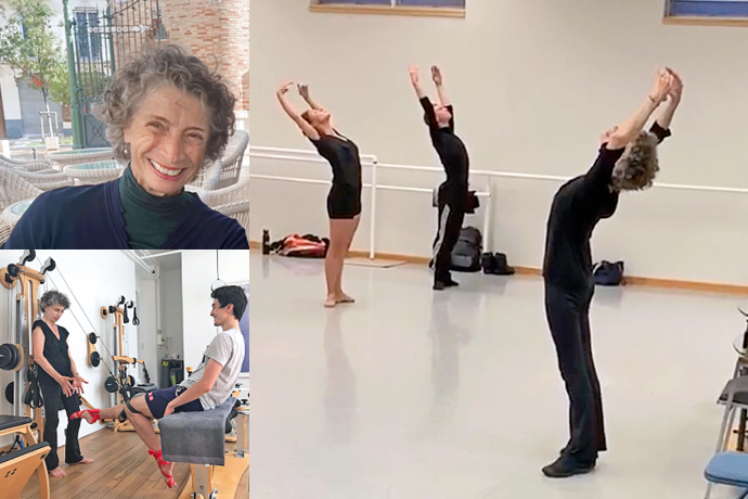 A photo shows a collage of three images. The larger image on the right shows Hilary Cartwright, dressed in a loose-fitting black shirt and yoga pants, at the front of a dance class, standing in first position and performing a cambé back. Two students stand in front of her, doing the same exercise. The smaller photo on the bottom left shows Cartwright standing in front of a male dancer in a Gyrotonic studio as he does an exercise with a pulley looped around his knees. The last photo on the top right shows Cartwright from the chest up, sitting at an outdoor café and smiling for the camera. She wears a green turtleneck with a blue V-neck shirt over it.