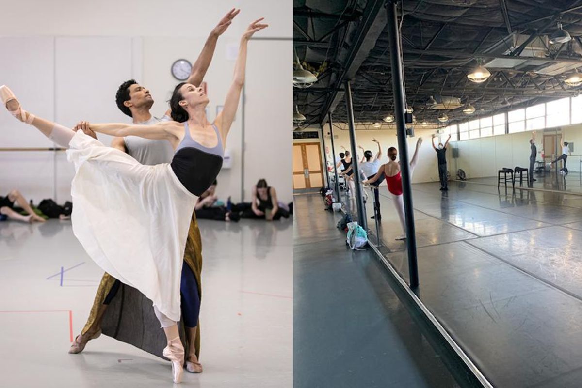 At left, Dec is in a generous arabesque with Cruz partnering her from behind, wearing rehearsal wear with other dancers lounging in the back of the studio. Right: Mask students at the barre in a large studio, where Cruz stands, gesturing with his arms high in the air