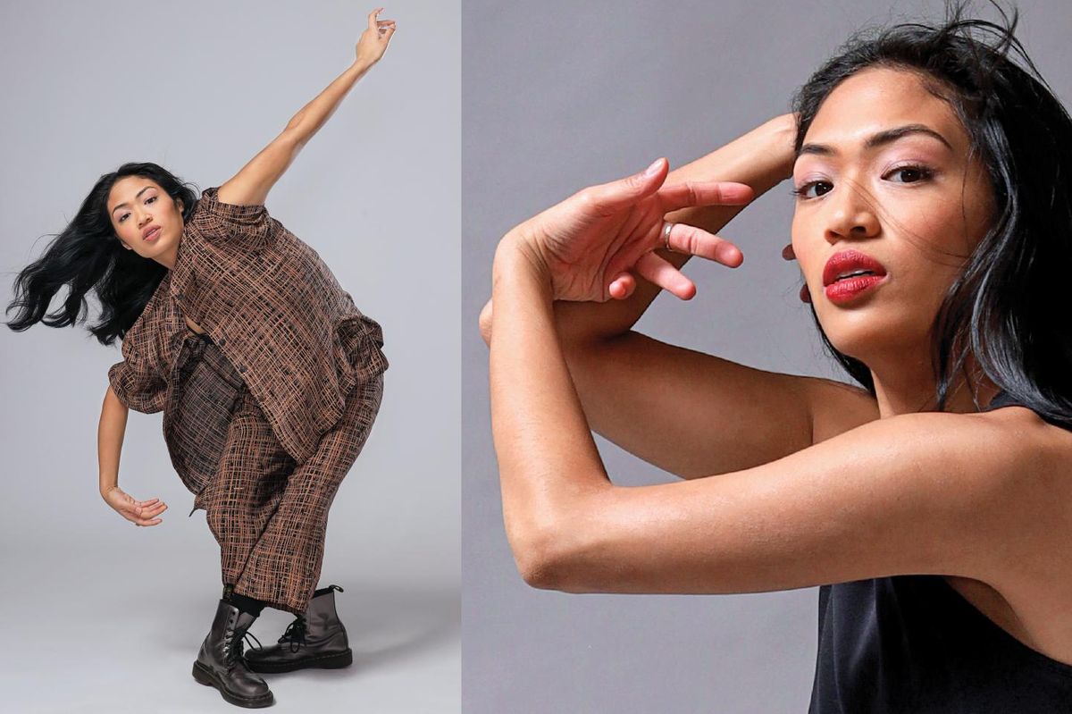 Two images of Keerati Jinakunwiphat, a Thai-American woman with long black hair, on a grey background. The first shows her full body in a brown outfit and combat boots, leaning forward in fourth position. The second is a close-up of her hands wrapping around her face