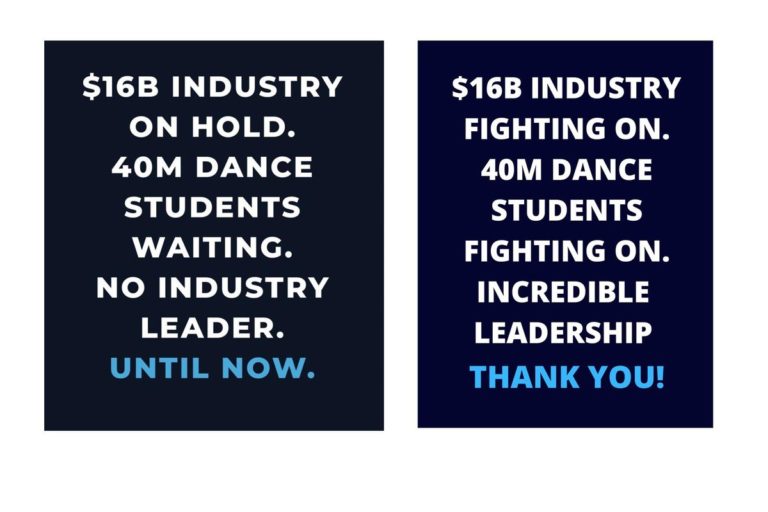 Side by side blue boxes with similar white font. The one on the left reads "$16B industry on hold. 40M dance students waiting. No industry leader. Until now." The one on the right reads "$16B industry fighting on. 40M dance students fighting on. Incredible leadership. Thank you!"