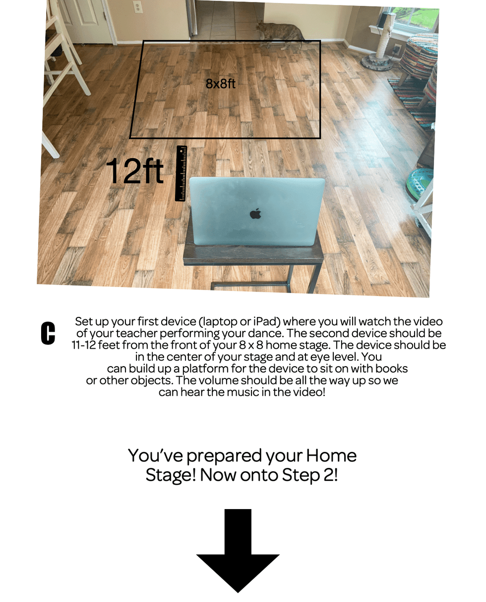 A graphic showing how families should set up their home stage, with instructions on where to set up their laptop, where to place things, etc.