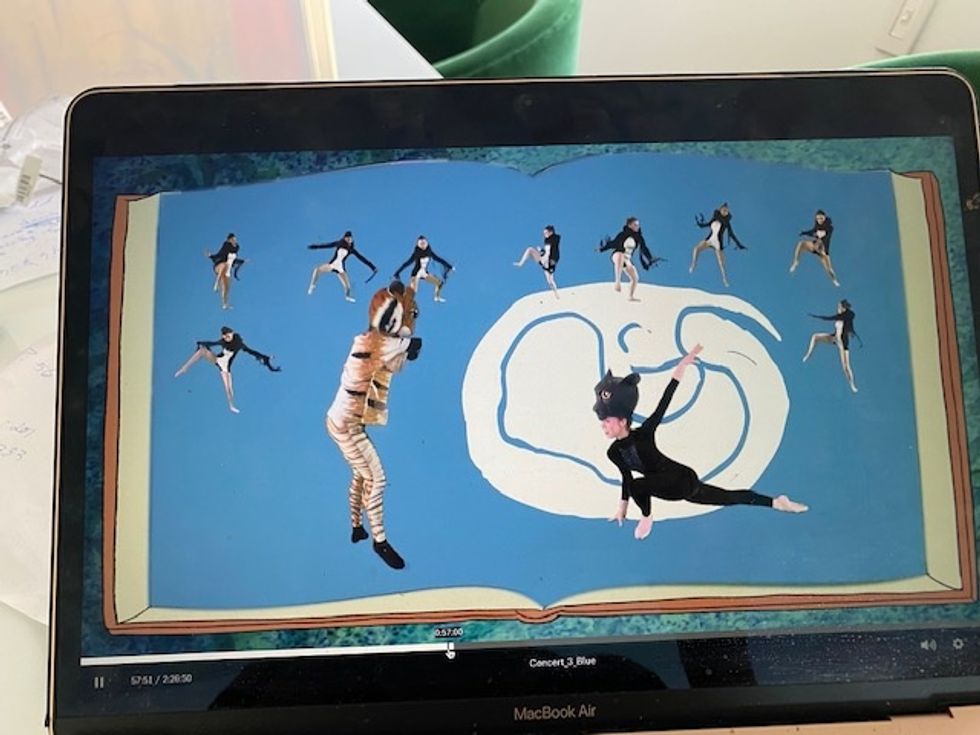 Gotta Dance's recital playing on a laptop. The dancers, in animal costumes, dance inside the pages of an animated book.