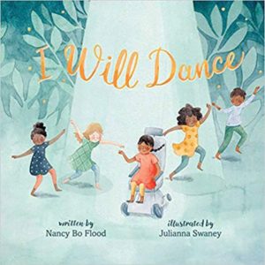 The cover of "I Will Dance." It is light blue and depicts five young dancers, and has the title In yellow cursive.