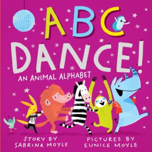 The cover of "ABC Dance!" It is bright purple, with several different cartoon-style animals dancing under a disco ball. 