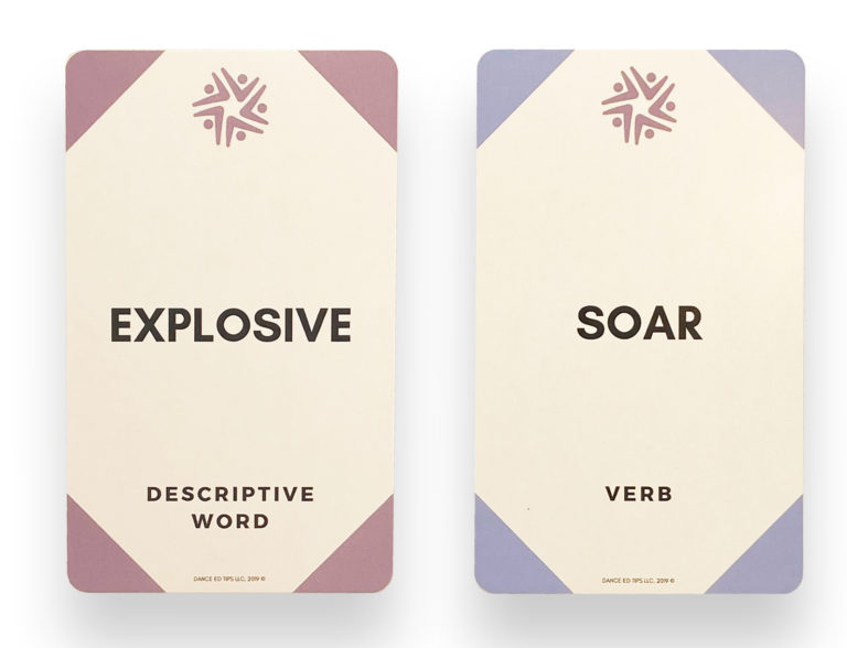 Two cards side by side, one is pink and says "Explosive," and the other purple and says "soar."