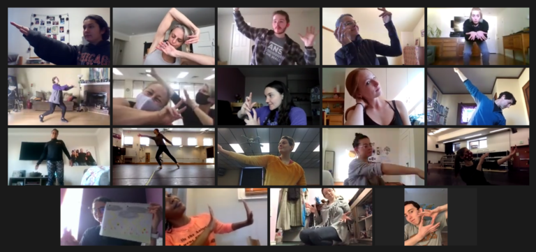 A sceenshot of a Zoom screen featuring dozens of dancers in various positions.