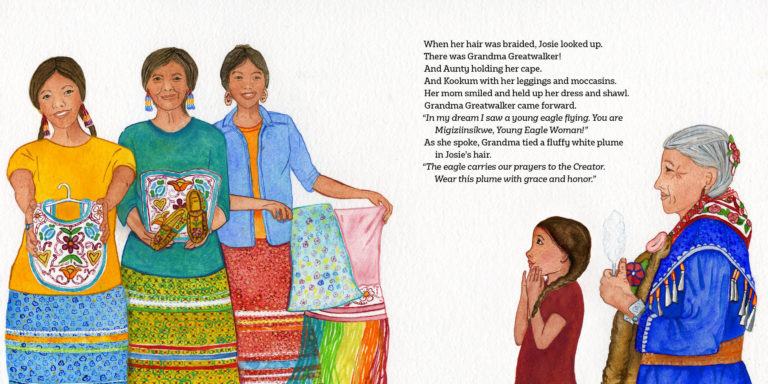 A page from the book, "Josie Dances" featuring an illustration of 3 Native American women holding various fabrics on the left and an older Native American woman and a young girl standing on the right. Above them are a few lines of text from the story.