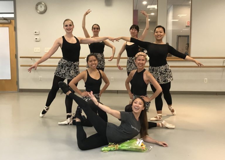 A group of adult dance students with dance teacher Haruka Tamura in the center