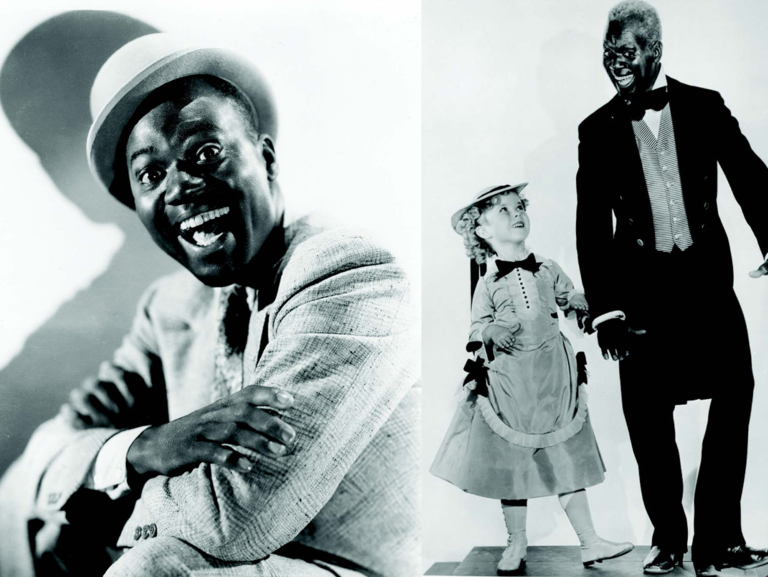 Left: Black and white headshot of Bojangles with his arms crossed. He is smiling into the camera. Right: Bojangles standing next to Shirley Temple. He smiles down at her and holds her hand.