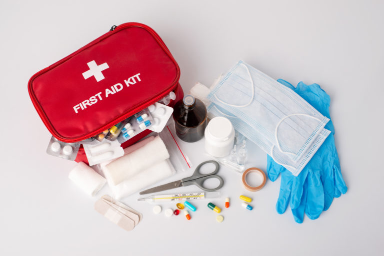 Full first aid kit on white background