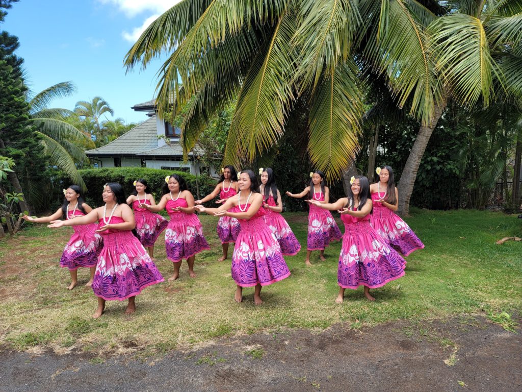 Image of a group of hula dancers dancing in the outdoors