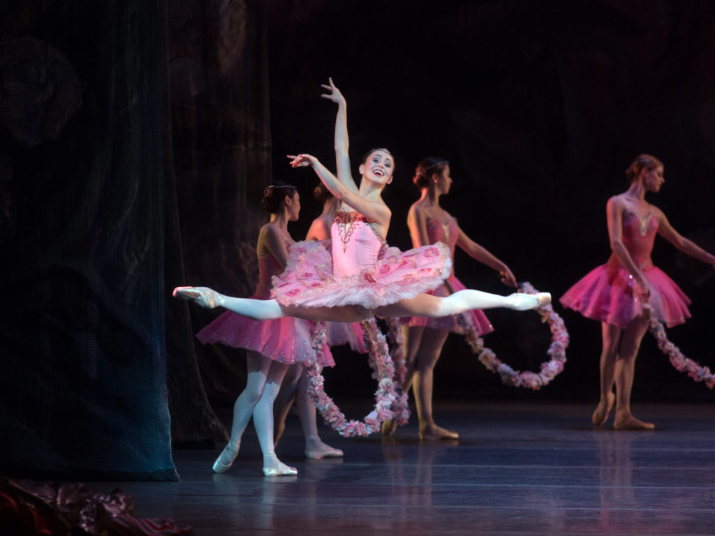 A ballerina in a pink tutu does a grand jet on stage while other ballerinas pose in the background.