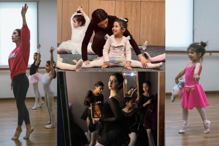 Collage of images of dance teacher with young students