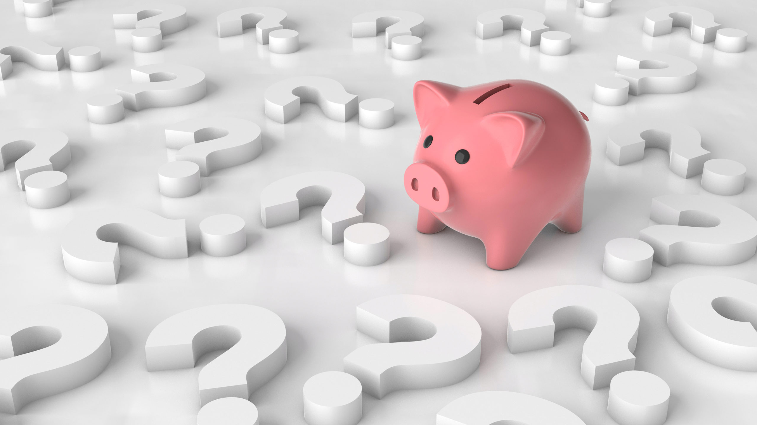 Image of pink piggy bank on a floor of question marks