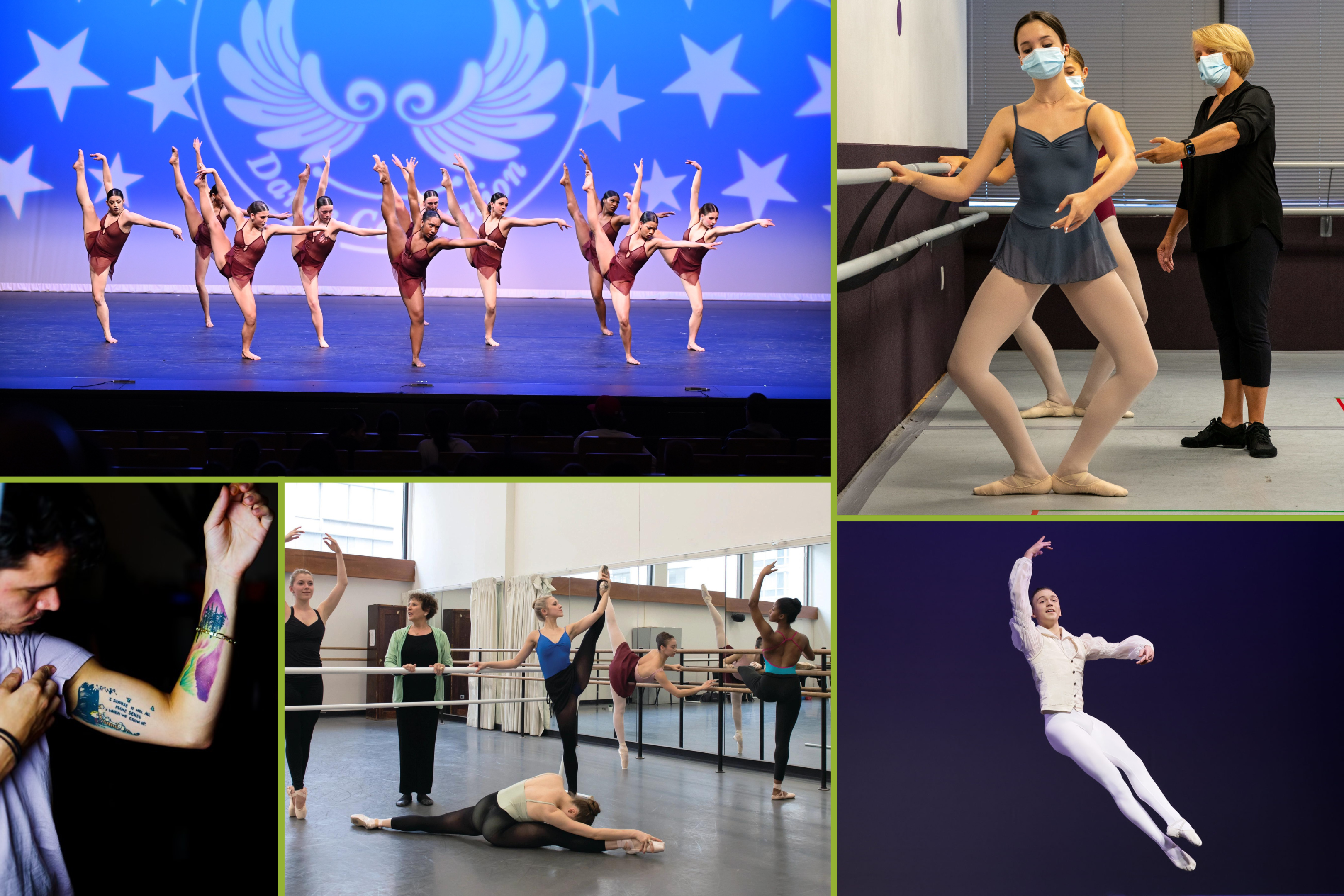 A collage of five images of competition dancers, ballet dancers doing plies at barre with a teacher, a young male ballet dancer doing a cabriole onstage, a class of ballet students stretching around their teacher, and a male showing his colorful floral tattoo.