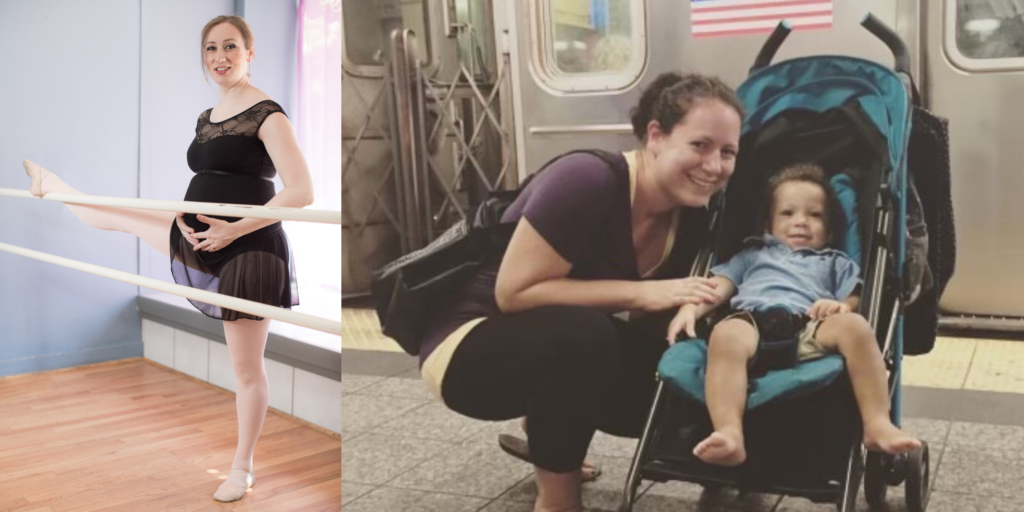 Side by side image of a dance teacher standing very pregnant at a barre and a mom standing by her young son in front of a NYC subway.