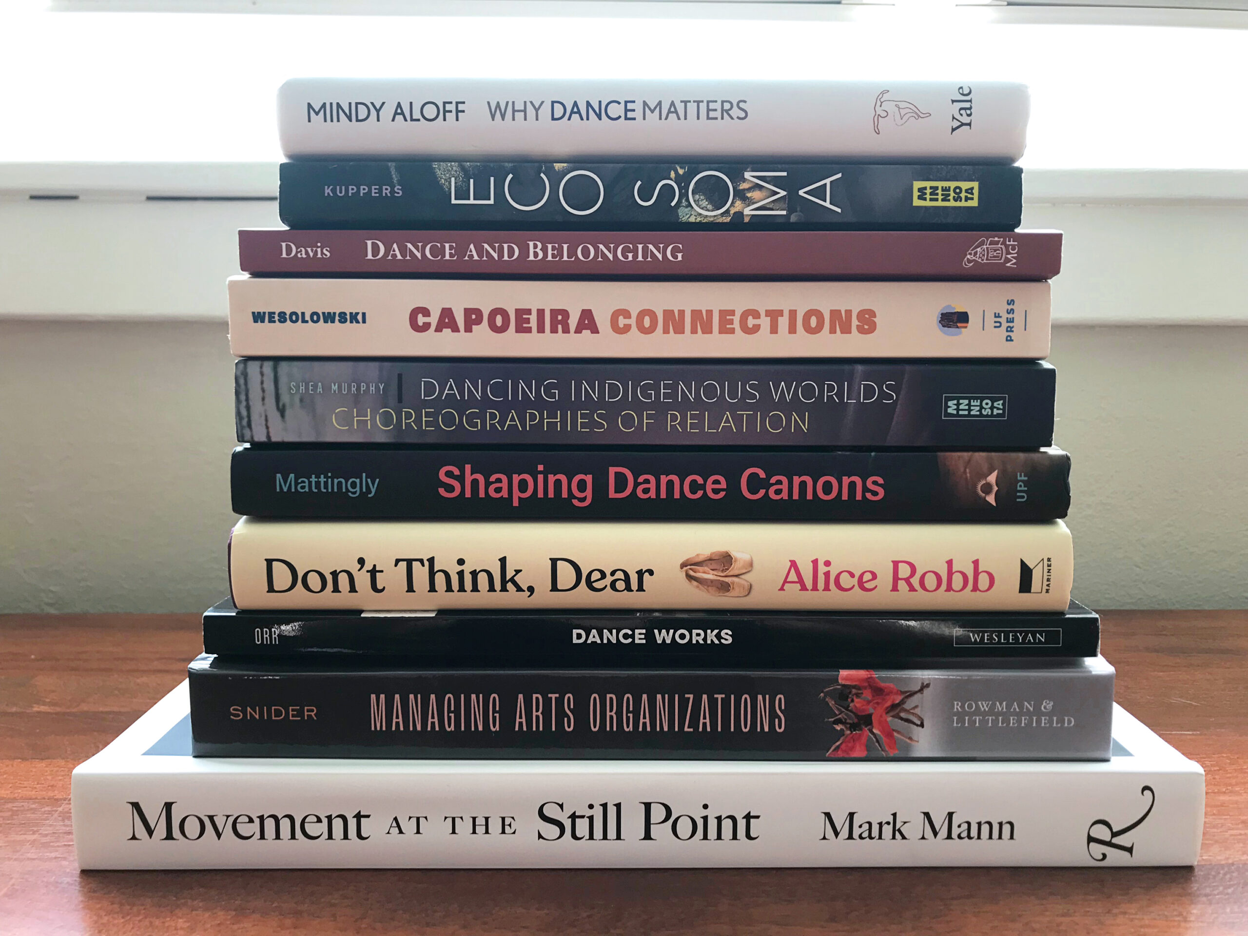 A stack of dance books on their side.