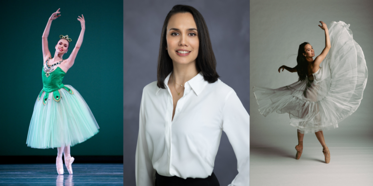 A triptych of images of Noelani Pantastico. From left, Noelani in "Emeralds," a headshot wearing a white button down shirt, and a dance photo in a sweeping dress.