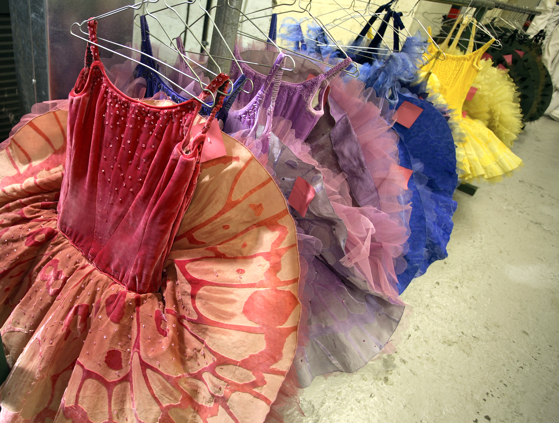 A row of tutus hanging on hangers backstage.