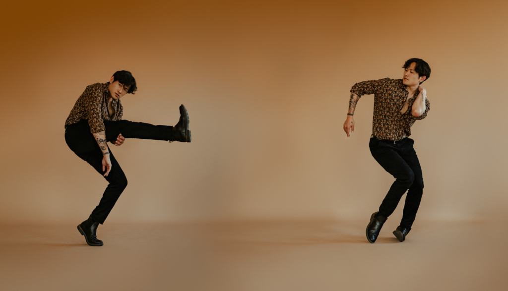 Side by side photo of Kenichi Kasamatsu dancing in black pants and a print shirt against a gold background.
