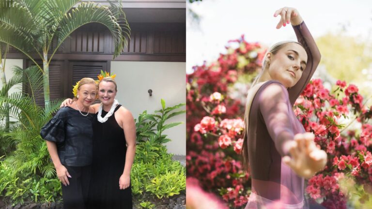 Jenifer Dillow with her dance mentor Nani Lim Yap on left and dancing in a garden on the right.