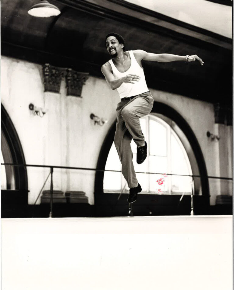 Black and white image of Gregory Hines in rehearsal for White Nights.