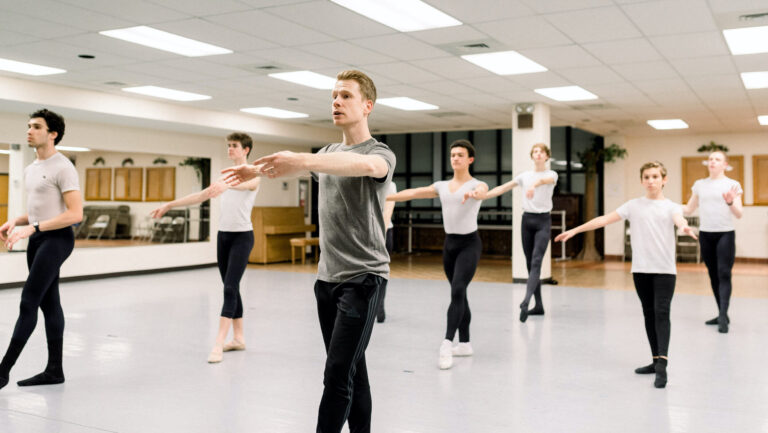 Metropolitan Ballet Academy faculty member Daniel Mayo with the advanced men’s class.