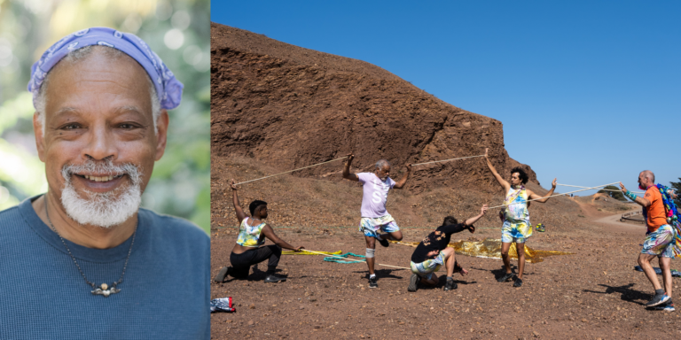 Ishmael Houston-Jones headshot and pictured with his collaborators working outdoors.