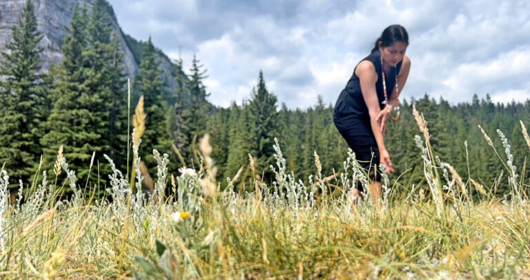 E. Macias dances outdoors in a field, in front of a mountain at Banff Centre for the Arts.
