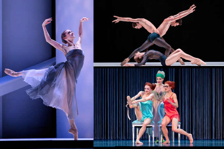 The same ballet dancer shown in three different roles, in a long classical skirt, a black leotard with bare legs, and a silky pajama set.