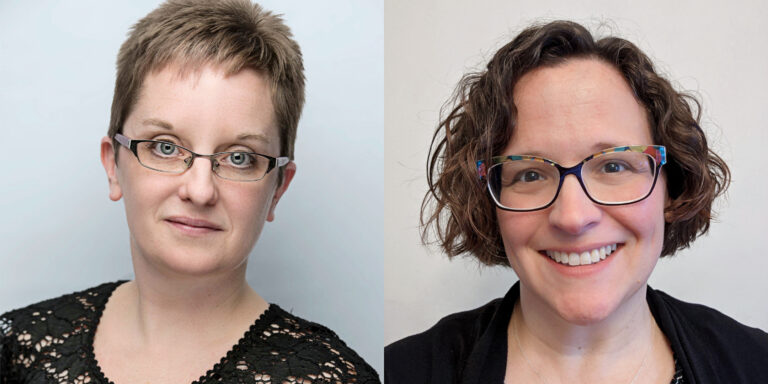 A collage showing two white women, both with glasses and wearing black tops. The woman on the left has a small smile, while the woman on the right smiles widely, showing teeth.