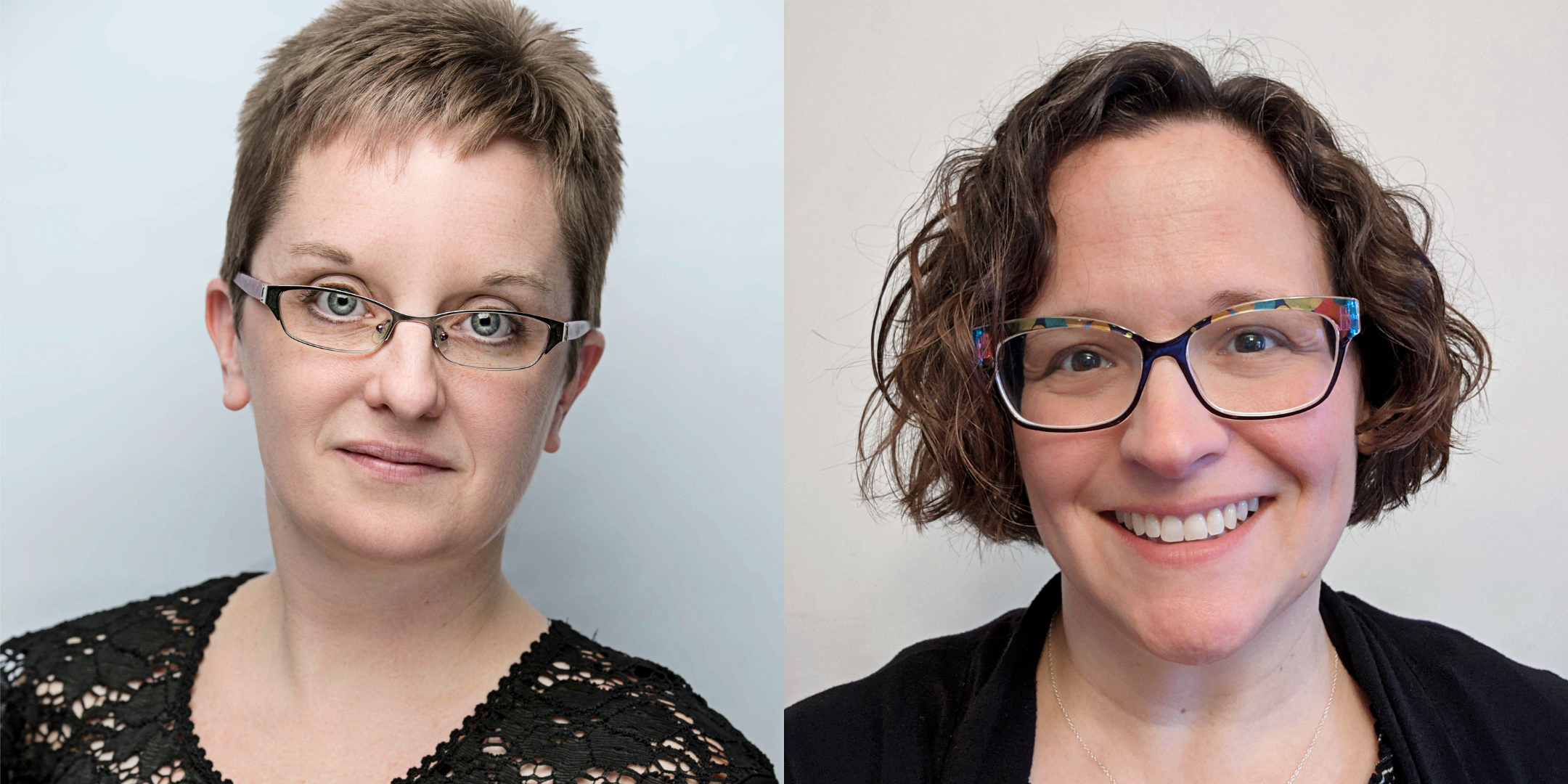 A collage showing two white women, both with glasses and wearing black tops. The woman on the left has a small smile, while the woman on the right smiles widely, showing teeth.