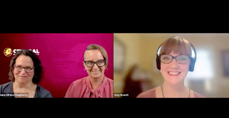 A screenshot from a webinar. On the left are two white women, one with short curly hair and one with a mostly shaved head. Both wear glasses and are smiling. On the right is a white woman with bangs, glasses, and headphones, also smiling.