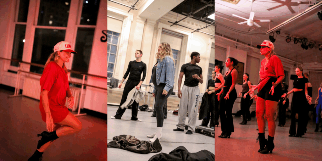 Shots of Rachel Leigh Dolan in the studio with other dancers in the middle frame. On the right and left she is pictured in a red lit room.