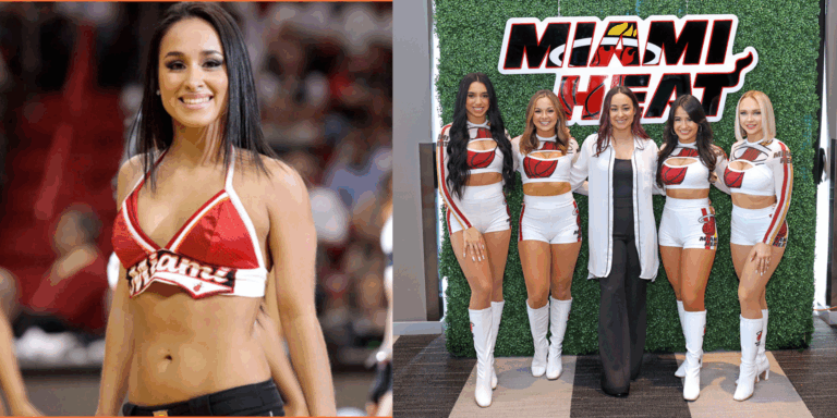 Individual shot of dance coach Natalia Gonzalez (left) wearing a red sports bra and black shorts, and with her dancers on the right-hand side. She wears black pants and top with a white overshirt and her dancers are dressed in white crop tops, shorts, and boots of the same color.