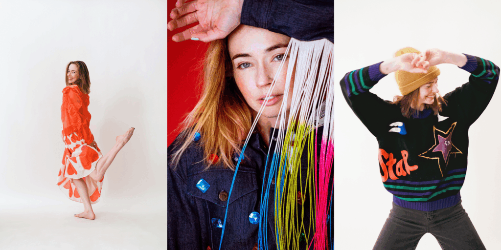 Collage of images of Katie Drablos. On far left she wears an orange top and white skirt with orange hearts; in her close-up middle image, she wears a denim jacket with a colorful fringe; and on the far left she is in a sweater with embellishments.