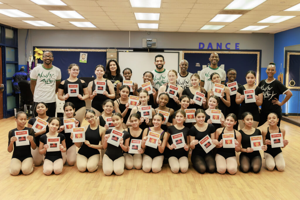 Group picture of AILEY Arts In Education faculty with participants of the Grace Residency at Hialeah Middle School.