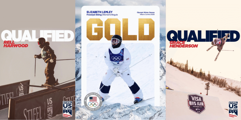 A collage of images of three freestyle Olympic skiiers from Team USA. The text on the right side reads "Qualified" Rell Harwood"; in the middle "Gold" Elizabeth Lemley; and on the far right "Qualified" Grace Henderson.