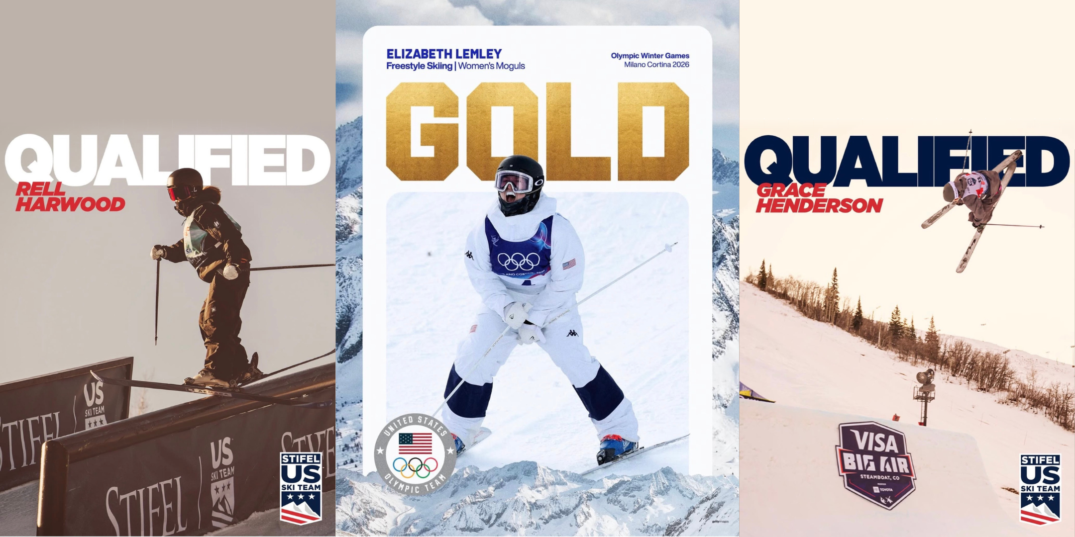 A collage of images of three freestyle Olympic skiiers from Team USA. The text on the right side reads "Qualified" Rell Harwood"; in the middle "Gold" Elizabeth Lemley; and on the far right "Qualified" Grace Henderson.