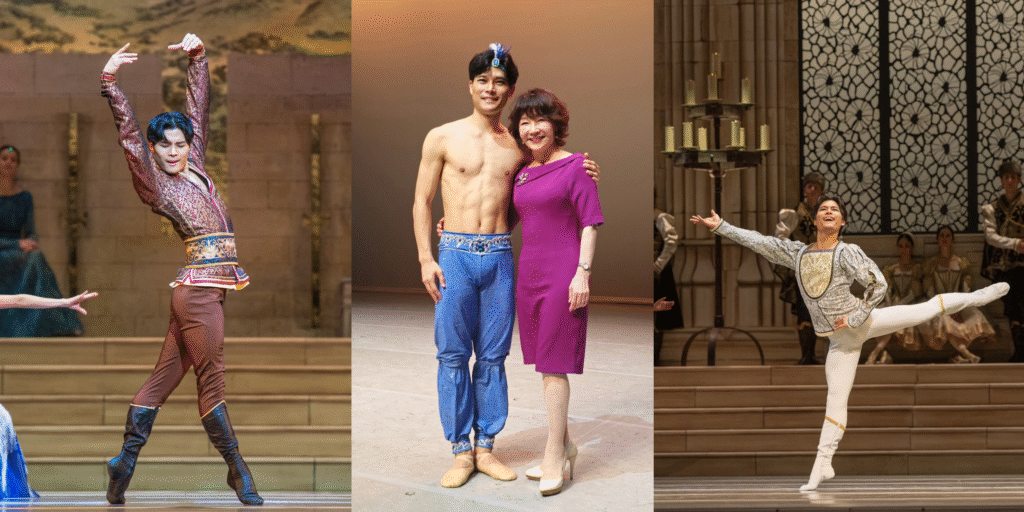 Photos of Dutch National Ballet's principal Young Gyu Choi performing in Raymonda in images far left and right. He wears an embellished dark brown costume in the photo on the left and an embellished white costume on the right. In the center he is pictured with his teacher and mentor Sun Hee Kim.