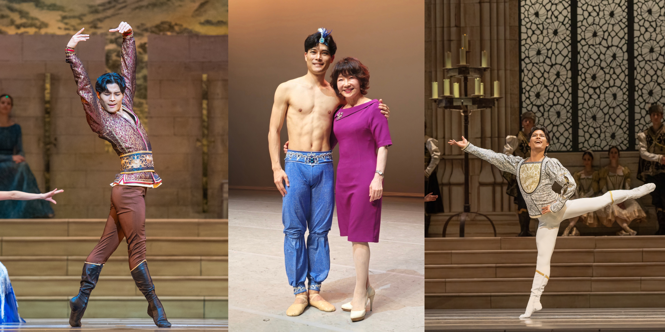 Photos of Dutch National Ballet's principal Young Gyu Choi performing in Raymonda in images far left and right. He wears an embellished dark brown costume in the photo on the left and an embellished white costume on the right. In the center he is pictured with his teacher and mentor Sun Hee Kim.