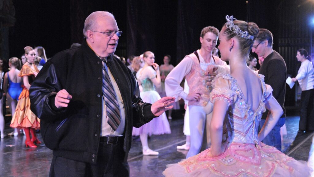 Ben Stevenson with dancers backstage during Texas Ballet Theatre’s Nutcracker.