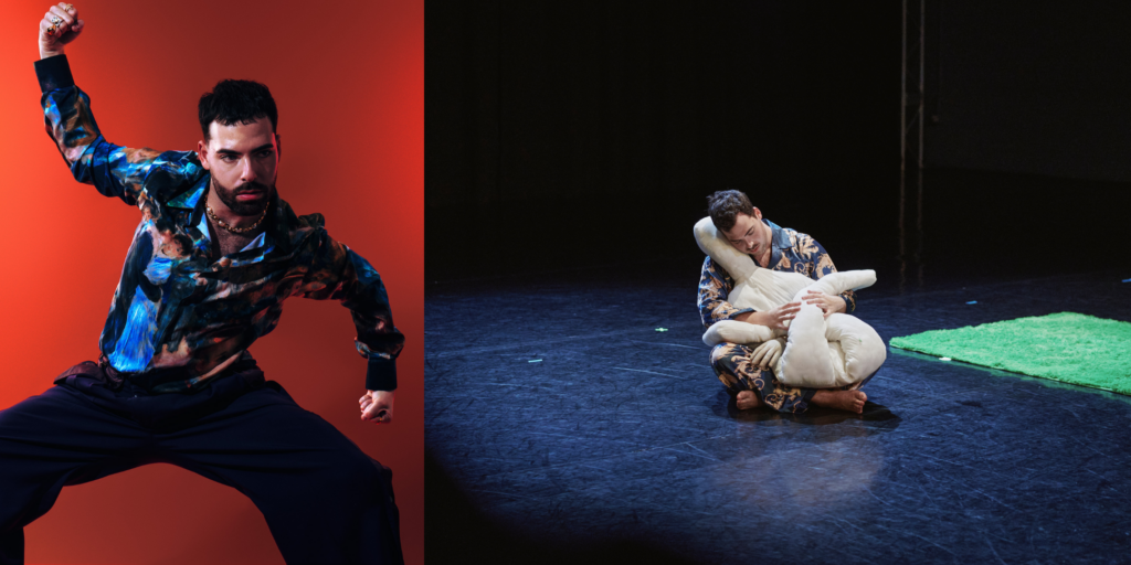 Brian Golden holding a dance pose against a red background on the left and on the right he kneels by a white prop on stage.