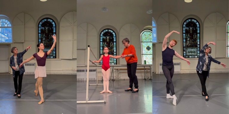 Collage of images showing Diana Byer instructing dance students at the center and barre.